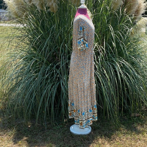 Women's Floral Bohemian Ruffle Size 26 Maxi Dress in Festive Orange and Blue - Picture 2 of 10